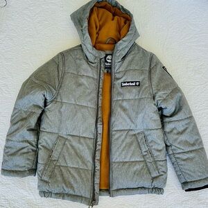 Timberland Kids Gray Puffer Jacket with Mustard Lining